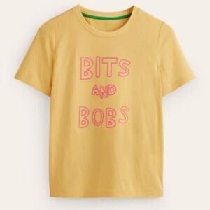 Boden Graphic Tee Large Yellow “Bits and Bobs” Embroidered Cute Casual Tee